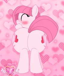 Size: 1708x2027 | Tagged: suggestive, artist:muhammad yunus, derpibooru import, oc, oc:annisa trihapsari, unofficial characters only, earth pony, pony, annibutt, blushing, butt, eyes closed, female, grin, gritted teeth, heart, heart background, huge butt, image, large butt, mare, pink background, plot, png, simple background, smiling, solo, teeth, watermark