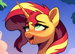 Size: 1196x867 | Tagged: safe, ai content, derpibooru import, machine learning generated, stable diffusion, sunset shimmer, pony, unicorn, ahegao, blushing, bust, cropped, cropped porn, cute, cute face, female, g4, generator:pony diffusion v6 xl, image, mare, open mouth, open smile, outdoors, png, portrait, prompter:tyto4tme4l, sky, smiling, solo, tongue out