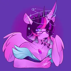 Size: 1700x1700 | Tagged: safe, artist:sarpiza_, derpibooru import, twilight sparkle, twilight sparkle (alicorn), alicorn, anthro, pony, bare shoulder portrait, bare shoulders, breasts, bust, busty twilight sparkle, cleavage, crown, female, glasses, gradient background, hand on chin, heterochromia, horn, horn ring, image, jewelry, jpeg, looking at you, mare, necklace, portrait, regalia, ring, solo