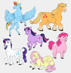 Size: 1485x1530 | Tagged: safe, artist:tuherrus, derpibooru import, applejack, fluttershy, pinkie pie, rainbow dash, rarity, twilight sparkle, classical unicorn, earth pony, pegasus, pony, unicorn, cloven hooves, diverse body types, facial hair, female, goatee, gray background, group, hoers, horn, image, jpeg, leonine tail, lying down, mane six, mare, rearing, simple background, spread wings, unicorn twilight, unshorn fetlocks, wings