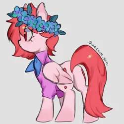 Size: 4096x4096 | Tagged: safe, artist:metaruscarlet, derpibooru import, oc, oc:metaru scarlet, unofficial characters only, pegasus, pony, clothes, flower, flower in hair, folded wings, gray background, image, pegasus oc, png, simple background, solo, wings