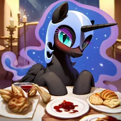 Size: 2048x2048 | Tagged: safe, ai content, derpibooru import, machine learning generated, prompter:chomp country, stable diffusion, nightmare moon, alicorn, pony, alcohol, armor, blushing, candle, date, ethereal mane, female, food, g4, generator:pony diffusion v6 xl, generator:purplesmart.ai, helmet, hooves on the table, image, looking at you, mare, missing accessory, png, smiling, solo, solo female, table, wine