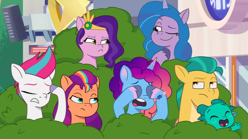 Size: 3072x1727 | Tagged: safe, derpibooru import, screencap, hitch trailblazer, izzy moonbow, pipp petals, sparky sparkeroni, sunny starscout, zipp storm, dragon, earth pony, pegasus, pony, unicorn, g5, my little pony: tell your tale, spoiler:g5, spoiler:my little pony: tell your tale, spoiler:tyts02e04, ^^, applejack (g5), baby, baby dragon, covering, covering eyes, cute, eyebrows, eyes closed, female, fluttershy (g5), frown, hitch trailblazer is not amused, image, jazz hearts rocky, jpeg, male, mane five, mane six (g5), mane stripe sunny, mare, misty brightdawn, one eye closed, open mouth, open smile, papa hitch, pinkie pie (g5), rainbow dash (g5), raised eyebrow, rarity (g5), rebirth misty, royal sisters (g5), siblings, sisters, smiling, sparkybetes, stallion, sunny starscout is not amused, twilight sparkle (g5), unamused, varying degrees of want, wink