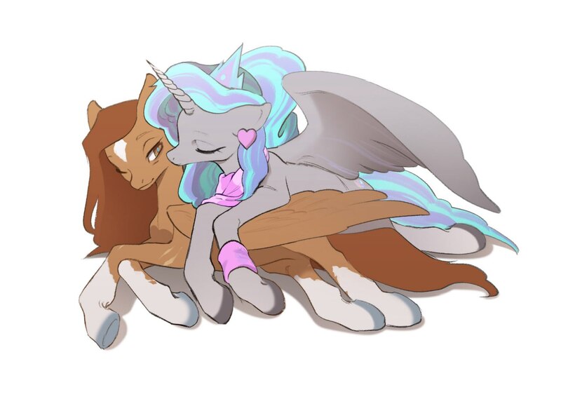 Size: 1280x910 | Tagged: safe, artist:styarema, derpibooru import, oc, oc:dee, unofficial characters only, alicorn, pegasus, clothes, crown, duo, ear piercing, hug, image, jewelry, jpeg, kissing, piercing, regalia, scarf