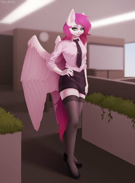 Size: 1700x2300 | Tagged: safe, artist:villjulie, derpibooru import, oc, oc:ellie berryheart, unofficial characters only, pegasus, claws, clothes, eyeshadow, female, green eyes, high heels, image, lightning, lipstick, makeup, necktie, office, office lady, png, serious, shirt, shoes, skirt, socks, solo, stockings, thigh highs, window, wings, zettai ryouiki