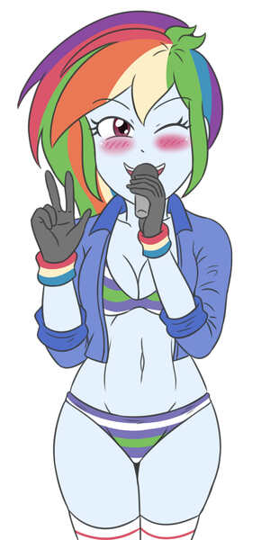 Size: 1379x2854 | Tagged: suggestive, artist:sumin6301, derpibooru import, rainbow dash, human, equestria girls, belly button, blushing, breasts, busty rainbow dash, cleavage, clothes, female, g4, gloves, image, jacket, jpeg, legs, long sleeves, looking at you, microphone, midriff, one eye closed, open mouth, panties, peace sign, simple background, smiling, smiling at you, socks, solo, striped bra, striped panties, striped underwear, thigh highs, underwear, white background, wink, wristband