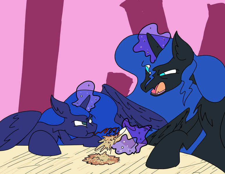 Size: 3708x2880 | Tagged: safe, artist:ponny, derpibooru import, nightmare moon, princess luna, alicorn, pony, angry, colored, drink, floppy ears, image, magic, png, sipping, spill, spilled drink, straw, telekinesis