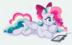 Size: 1866x1185 | Tagged: safe, artist:skysorbett, derpibooru import, oc, oc:sky sorbet, unofficial characters only, pegasus, pony, bow, curly hair, drawing, eyebrows, female, graphics tablet, hair bow, image, lying down, mare, mouth hold, multicolored hair, pegasus oc, pen, png, simple background, solo, tablet, wings