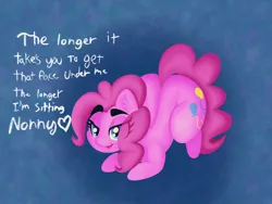 Size: 1280x960 | Tagged: suggestive, artist:boneappleteeth, ponerpics import, pinkie pie, earth pony, ass, ass up, butt, image, implied facesitting, jpeg, talking to viewer