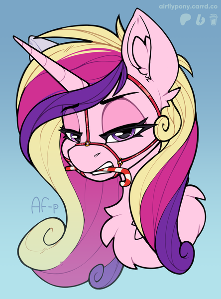 Size: 1406x1900 | Tagged: safe, artist:airfly-pony, derpibooru import, princess cadance, alicorn, pony, 2023, bedroom eyes, candy, candy cane, commission, food, g4, gradient background, image, looking at you, png, solo, teeth, ych result