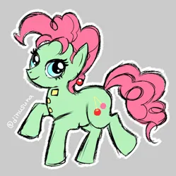 Size: 600x602 | Tagged: safe, artist:ぢぬすな子, derpibooru import, ponified, earth pony, pony, blue eyes, button, cherry, curls, curly hair, curly mane, cutie mark, ear piercing, earring, eyelashes, food, gray background, green skin, image, jewelry, jojo's bizarre adventure, jpeg, looking at you, noriaki kakyoin, not pinkie pie, piercing, pink hair, pink mane, pixiv, simple background, walking