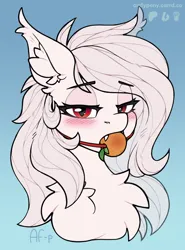 Size: 1406x1900 | Tagged: safe, artist:airfly-pony, derpibooru import, oc, oc:crimson, unofficial characters only, bat pony, pony, 2023, bedroom eyes, blushing, chest fluff, commission, fangs, female, food, food gag, gag, gradient background, image, looking at you, mandarine, png, solo, teeth, ych result