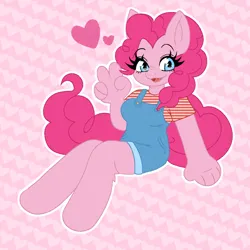 Size: 1000x1000 | Tagged: safe, artist:shunpiee, derpibooru import, pinkie pie, anthro, earth pony, unguligrade anthro, clothes, female, heart, image, overalls, peace sign, png, solo