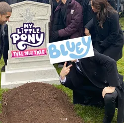 Size: 1206x1195 | Tagged: safe, derpibooru import, human, g5, my little pony: tell your tale, bluey, current events, grave, gravestone, image, jpeg, latin american, logo, meme, pony reference, reference