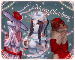 Size: 2717x2174 | Tagged: safe, artist:ariamidnighters, derpibooru import, oc, anthro, card, christmas, clothes, cute, dress, furry, holiday, image, png, snow, snowfall, snowflake, thejustbee