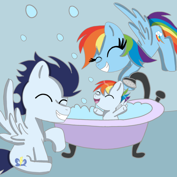 Size: 1400x1400 | Tagged: safe, artist:mrsdashskies, derpibooru import, rainbow dash, soarin', oc, oc:rainbow blitz, pegasus, pony, baby, baby pony, bath, colt, female, foal, image, male, mare, offspring, parent:rainbow dash, parent:soarin', parents:soarindash, png, shipping, soarindash, stallion, straight