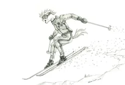 Size: 1500x1024 | Tagged: safe, artist:baron engel, derpibooru import, double diamond, anthro, earth pony, pony, unguligrade anthro, g4, image, jpeg, male, monochrome, pencil drawing, skiing, snow, stallion, traditional art