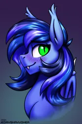 Size: 2000x3000 | Tagged: safe, artist:jedayskayvoker, derpibooru import, oc, oc:guard cobalt flash, bat pony, pony, bat pony oc, bat wings, big ears, bust, cute, ear fluff, fangs, femboy, folded wings, freckles, gradient background, icon, image, looking back, male, patreon, patreon reward, png, portrait, slit pupils, smiling, solo, stallion, wings