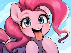 Size: 4096x3072 | Tagged: safe, ai content, derpibooru import, machine learning generated, stable diffusion, pinkie pie, earth pony, pony, :p, adorable face, cute, diapinkes, drool, generator:pony diffusion v6 xl, generator:purplesmart.ai, image, open mouth, png, prompter:lerkyboy, raised hoof, raised hooves, solo, tongue out