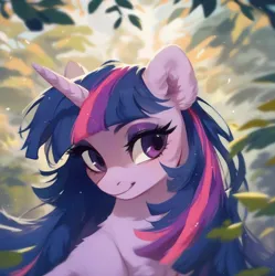 Size: 920x922 | Tagged: safe, ai content, derpibooru import, machine learning assisted, machine learning generated, stable diffusion, twilight sparkle, pony, unicorn, beautiful, blue mane, blushing, cute, detailed background, ear fluff, eyeshadow, fluffy, forest, g4, generator:purplesmart.ai, image, leaf, long hair, long mane, makeup, nature, png, prompter:saltyvity, purple eyes, smiley face, smiling, solo, tree