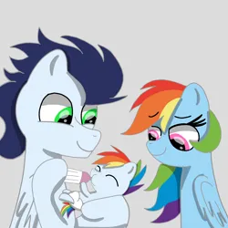 Size: 1400x1400 | Tagged: safe, artist:mrsdashskies, derpibooru import, rainbow dash, soarin', oc, oc:rainbow blitz, pegasus, pony, baby, baby pony, carrying, colt, feeding, female, foal, image, male, mare, offspring, parent:rainbow dash, parent:soarin', parents:soarindash, png, shipping, soarindash, stallion, straight