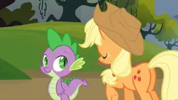 Size: 1319x742 | Tagged: safe, derpibooru import, screencap, applejack, spike, dragon, earth pony, pony, spike at your service, applebutt, butt, g4, image, plot, png, rear view