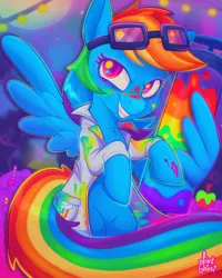 Size: 1080x1350 | Tagged: safe, artist:lilpinkghost, derpibooru import, rainbow dash, pegasus, pony, fanfic:rainbow factory, clothes, fanfic art, female, g4, goggles, goggles on head, grin, image, jpeg, lab coat, mare, rainbow factory dash, smiling, solo, syringe