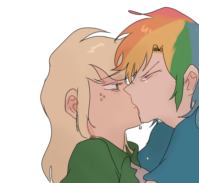 Size: 2980x2737 | Tagged: safe, artist:pipicangshuya32397, derpibooru import, applejack, rainbow dash, human, appledash, blonde hair, crying, duo, duo female, female, humanized, image, kissing, lesbian, multicolored hair, png, rainbow hair, shipping, simple background, white background