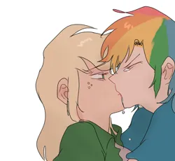 Size: 2980x2737 | Tagged: safe, artist:pipicangshuya32397, derpibooru import, applejack, rainbow dash, human, appledash, blonde hair, crying, duo, duo female, female, humanized, image, kissing, lesbian, multicolored hair, png, rainbow hair, shipping, simple background, white background