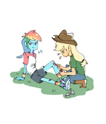 Size: 2622x3072 | Tagged: safe, artist:pipicangshuya32397, derpibooru import, applejack, rainbow dash, human, appledash, boots, clothes, cowboy boots, cowboy hat, denim, duo, duo female, female, hat, high heel boots, humanized, image, injured, jeans, lesbian, pants, png, shipping, shoes