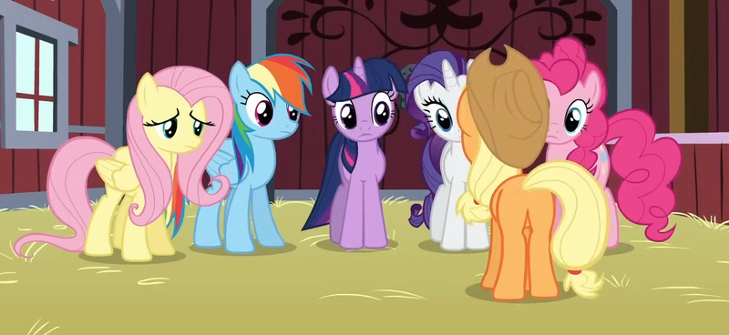 Size: 1209x556 | Tagged: safe, derpibooru import, screencap, applejack, fluttershy, pinkie pie, rainbow dash, rarity, twilight sparkle, spike at your service, applebutt, butt, g4, image, plot, png, rear view