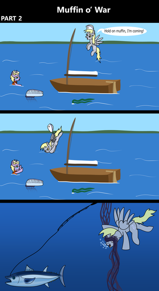 Size: 1920x3516 | Tagged: semi-grimdark, artist:platinumdrop, derpibooru import, derpy hooves, dinky hooves, fish, jellyfish, pegasus, pony, unicorn, comic:muffin o' war, 3 panel comic, abuse, accident, air bubble, algae, boat, bubble, clothes, clumsy, coast, collision, comic, commission, crash, danger, derpybuse, determined, dinkybuse, distressed, diving, duo, duo female, fail, fear, female, filly, fishing rod, flying, foal, g4, hat, i just don't know what went wrong, image, injured, lifejacket, mare, mare prey, midair, mother and child, mother and daughter, ocean, open mouth, ouch, outdoors, pain, png, portugese man o' war, predator, predator vs prey, pulling, raised hoof, reaching, sail, sailboat, sailing, scared, screaming, speech bubble, spread wings, struggling, submerged, surprised, swimming, teary eyes, this will not end well, tuna, underwater, water, wings, yelling