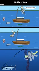 Size: 1920x3516 | Tagged: semi-grimdark, artist:platinumdrop, derpibooru import, derpy hooves, dinky hooves, fish, jellyfish, pegasus, pony, unicorn, comic:muffin o' war, 3 panel comic, abuse, accident, air bubble, algae, boat, bubble, clothes, clumsy, coast, collision, comic, commission, crash, danger, derpybuse, determined, dinkybuse, distressed, diving, duo, duo female, fail, fear, female, filly, fishing rod, flying, foal, g4, hat, i just don't know what went wrong, image, injured, lifejacket, mare, mare prey, midair, mother and child, mother and daughter, ocean, open mouth, ouch, outdoors, pain, png, portugese man o' war, predator, predator vs prey, pulling, raised hoof, reaching, sail, sailboat, sailing, scared, screaming, speech bubble, spread wings, struggling, submerged, surprised, swimming, teary eyes, this will not end well, tuna, underwater, water, wings, yelling