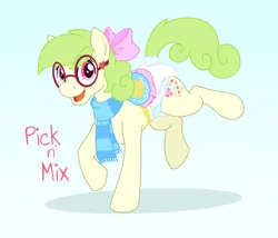 Size: 1400x1200 | Tagged: safe, artist:yipthecoyotepup, derpibooru import, oc, oc:pick n' mix, unofficial characters only, bow, bridle, clothes, diaper, diaper fetish, fetish, glasses, hair bow, image, png, red eyes, saddle, scarf, simple background, solo, tack
