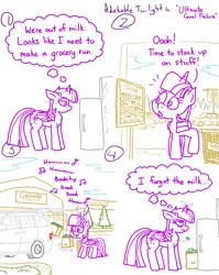 Size: 4779x6013 | Tagged: safe, artist:adorkabletwilightandfriends, derpibooru import, twilight sparkle, twilight sparkle (alicorn), alicorn, comic:adorkable twilight and friends, adorkable, adorkable twilight, advertisement, bag, car, comic, cute, dork, fail, grocery store, humming, image, kitchen, magic, minivan, oops, paper bag, parking lot, png, refrigerator, relatable, shopping, shopping bag, shopping cart, sign, singing, slice of life, thinking, thought bubble, trunk, upset, van