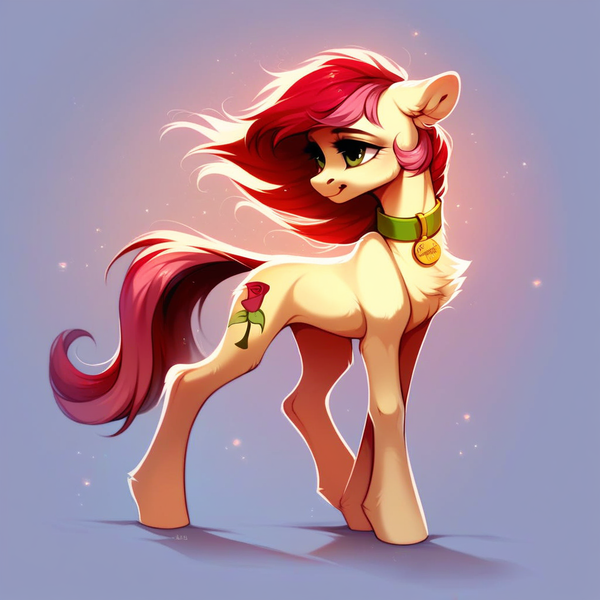 Size: 1024x1024 | Tagged: safe, ai content, derpibooru import, machine learning generated, prompter:doom9454, stable diffusion, roseluck, pony, collar, cute, fluffy, generator:pony diffusion v6 xl, image, pet tag, png, pony pet, rosepet, standing, wind, windswept mane