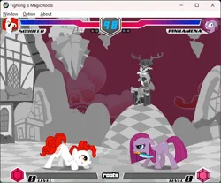 Size: 642x532 | Tagged: safe, artist:fimroots, derpibooru import, discord, pinkie pie, fighting is magic, chaos, clone, discorded landscape, fan game, floating island, flying, g4, game screencap, image, nightmare, pinkamena diane pie, png, ponyville, scooter (character), stage