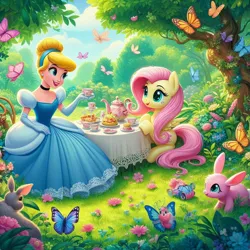 Size: 1024x1024 | Tagged: safe, ai content, artist:user15432, derpibooru import, machine learning generated, prompter:user15432, fluttershy, butterfly, human, insect, pegasus, pony, rabbit, animal, cinderella, clothes, crossover, cup, disney, disney princess, dress, duo, evening gloves, female, food, forest, generator:bing image creator, gloves, gown, image, jpeg, long gloves, looking at each other, looking at someone, mare, nature, open mouth, open smile, poofy shoulders, smiling, smiling at each other, table, tea, tea party, teacup, teapot, tree