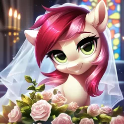 Size: 1024x1024 | Tagged: safe, ai content, derpibooru import, machine learning generated, prompter:maresforever, stable diffusion, roseluck, earth pony, pony, church, clothes, dress, female, flower, g4, generator:purplesmart.ai, image, looking at you, mare, png, smiling, solo, wedding dress, wedding veil
