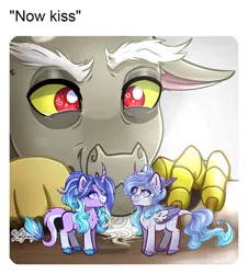 Size: 1024x1134 | Tagged: safe, artist:lailyren, derpibooru import, discord, oc, oc:prince plushy soft, oc:stell, alicorn, draconequus, pony, unicorn, commission, cute, image, jpeg, leonine tail, now kiss, shipper on deck, tail, tiny, toy, wings, ych result