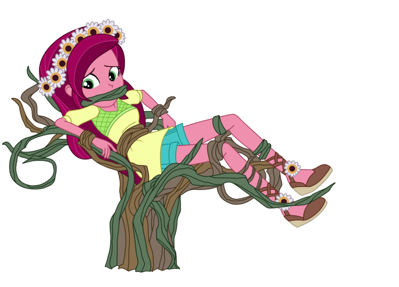 Size: 2772x2000 | Tagged: questionable, artist:nie-martw-sie-o-mnie, derpibooru import, gloriosa daisy, human, equestria girls, bondage, bound and gagged, camp everfree, clothes, floral head wreath, flower, g4, gag, image, png, shirt, shorts, simple background, transparent background, vine, vine bondage, vine gag