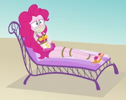 Size: 2000x1584 | Tagged: safe, artist:nie-martw-sie-o-mnie, derpibooru import, pinkie pie, human, equestria girls, beach, beach chair, bondage, bound and gagged, chair, cloth gag, clothes, g4, gag, image, png, rope, rope bondage, sandals, swimsuit