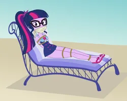 Size: 2000x1584 | Tagged: safe, artist:nie-martw-sie-o-mnie, derpibooru import, sci-twi, twilight sparkle, human, equestria girls, beach, beach chair, bondage, bound and gagged, chair, cloth gag, clothes, g4, gag, glasses, image, png, rope, rope bondage, sandals, swimsuit