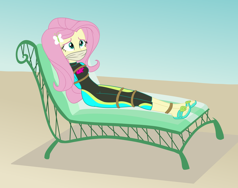Size: 2000x1584 | Tagged: safe, artist:nie-martw-sie-o-mnie, derpibooru import, fluttershy, human, equestria girls, beach, beach chair, bondage, bound and gagged, butterfly hairpin, chair, cloth gag, femsub, fluttersub, g4, gag, hairpin, image, png, rope, rope bondage, sandals, submissive, wetsuit