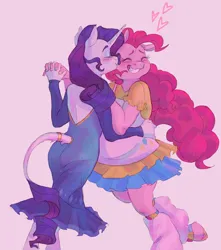 Size: 1500x1700 | Tagged: safe, artist:abbytabbys, derpibooru import, pinkie pie, rarity, anthro, earth pony, unguligrade anthro, clothes, dress, eyes closed, female, g4, grin, happy, hug, image, jpeg, kiss on the cheek, kissing, leonine tail, lesbian, ship:raripie, shipping, smiling, tail