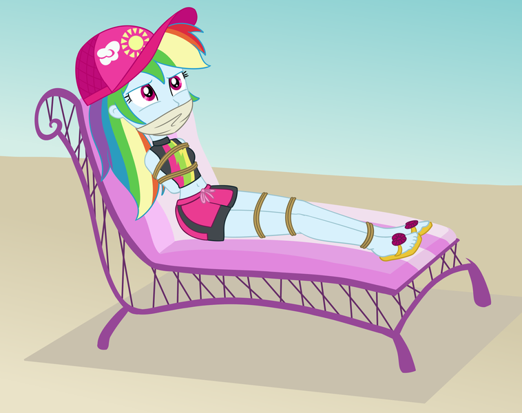 Size: 2000x1584 | Tagged: safe, artist:nie-martw-sie-o-mnie, derpibooru import, rainbow dash, human, equestria girls, baseball cap, beach, beach chair, bondage, bound and gagged, cap, chair, cloth gag, clothes, dashsub, femsub, g4, gag, hat, image, png, rope, rope bondage, sandals, shorts, submissive