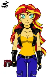 Size: 862x1225 | Tagged: safe, artist:emichaca, color edit, derpibooru import, edit, sunset shimmer, equestria girls, biker, breasts, cleavage, colored, female, g4, image, png, simple background, solo, white background