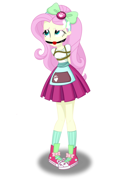 Size: 1272x2000 | Tagged: safe, artist:nie-martw-sie-o-mnie, derpibooru import, fluttershy, human, equestria girls, ballgag, bondage, butterfly hairpin, clothes, femsub, fluttersub, g4, gag, hairband, hairpin, image, png, rope, rope bondage, simple background, standing, submissive, transparent background, uniform