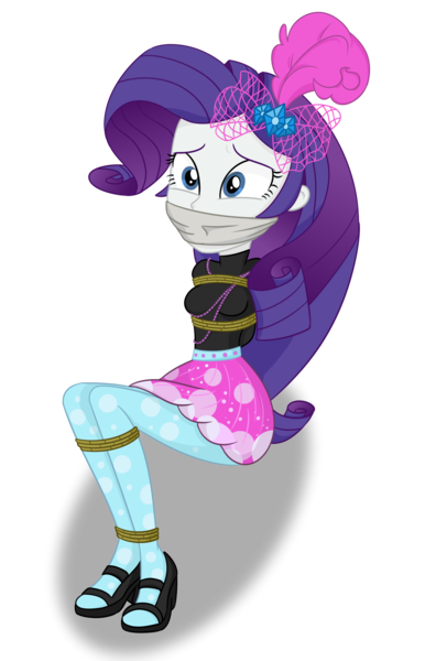 Size: 1286x2000 | Tagged: safe, artist:nie-martw-sie-o-mnie, derpibooru import, rarity, human, equestria girls, bondage, cloth gag, clothes, femsub, g4, gag, hairpin, high heels, image, pantyhose, png, rarisub, rope, rope bondage, shoes, simple background, sitting, submissive, transparent background, uniform