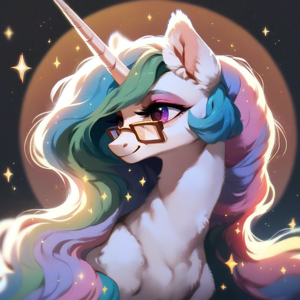 Size: 922x921 | Tagged: safe, ai content, derpibooru import, machine learning assisted, machine learning generated, stable diffusion, princess celestia, alicorn, pony, beautiful, cute, detailed hair, ear fluff, eyeshadow, fluffy, g4, generator:purplesmart.ai, glasses, image, light, long hair, long mane, makeup, pink eyes, png, prompter:saltyvity, simple background, smiley face, solo, sparkles, stars